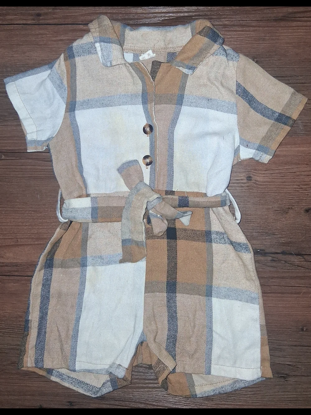 Kids Plaid Short Romper in Tan and Cream